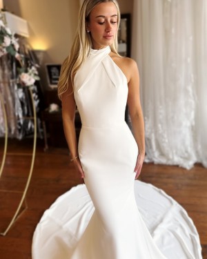 High Neck Satin White Simple Mermaid Wedding Dress WD2654