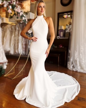 High Neck Satin White Simple Mermaid Wedding Dress WD2654