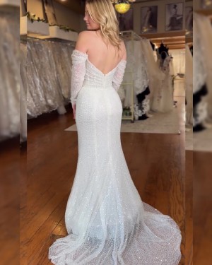 Off The Shoulder White Sparkly Beading Mermaid Wedding Dress With Long Sleeves WD2658