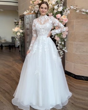 White Lace Applique High Neck Tulle Wedding Dress With Long Sleeves WD2666