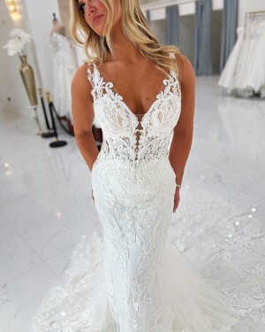 White Lace V-neck Mermaid Bridal Dress NWD2682