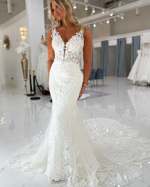 White Lace V-neck Mermaid Bridal Dress NWD2682
