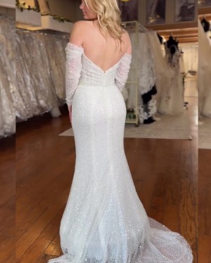 Ivory Off the Shoulder Sequin Lace Mermaid Ruched Bridal Dress with Long Sleeves WD2685