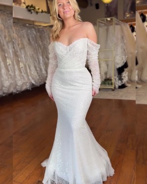Ivory Off the Shoulder Sequin Lace Mermaid Ruched Bridal Dress with Long Sleeves WD2685