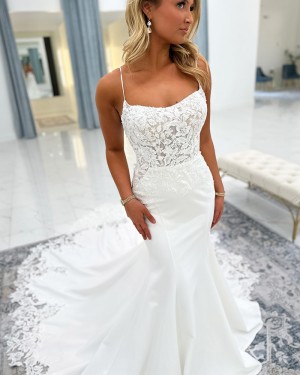 White Lace Bodice Spaghetti Straps Mermaid Bridal Dress NWD2685