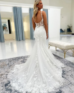 White Beading Lace Applique V-neck Mermaid Bridal Dress NWD2686