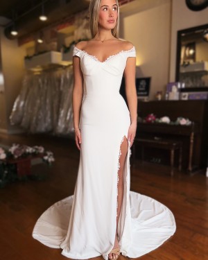V-neck White Satin Simple Mermaid Bridal Dress with Applique WD2686