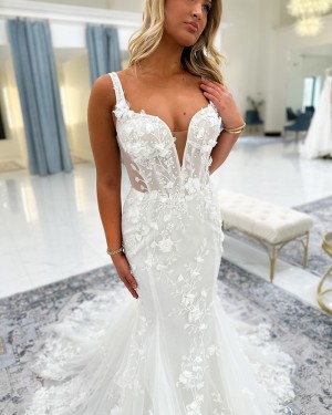 White Beading Lace Applique V-neck Mermaid Bridal Dress NWD2686