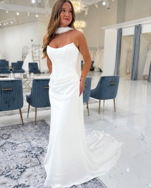 Satin Ruched Strapless Simple White Mermaid Bridal Dress NWD2687