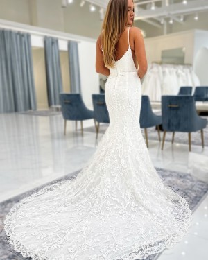 White Lace Mermaid Spaghetti Straps Bridal Dress NWD2688