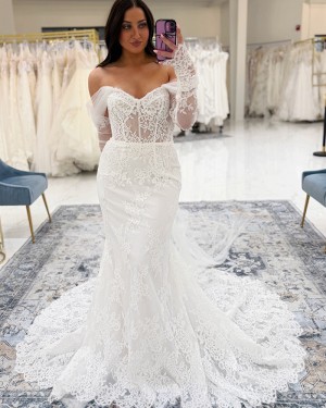 Lace White Mermaid Off the Shoulder Bridal Dress with Long Sleeves WD2688
