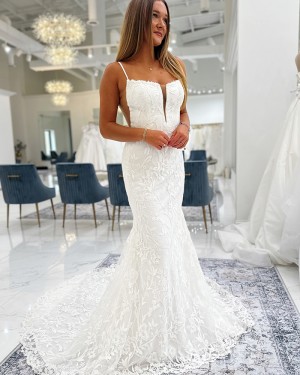 White Lace Mermaid Spaghetti Straps Bridal Dress NWD2688