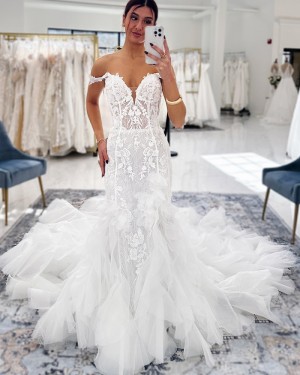 White Lace Ruffle Mermaid Off the Shoulder Bridal Dress WD2689
