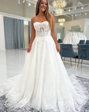 White Lace A-line Strapless Bridal Dress NWD2689