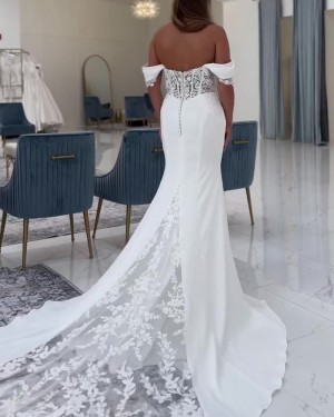 White Satin Ruched Lace Off the Shoulder Mermaid Bridal Dress NWD2690