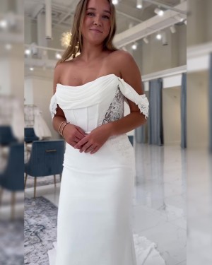 White Satin Ruched Lace Off the Shoulder Mermaid Bridal Dress NWD2690