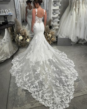 White Lace Applique Spaghetti Straps Mermaid Bridal Dress NWD2691