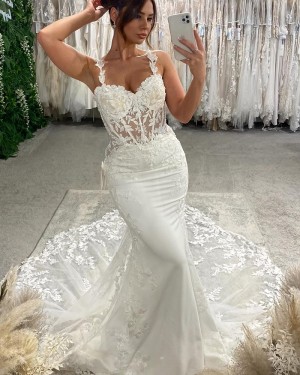 White Lace Applique Spaghetti Straps Mermaid Bridal Dress NWD2691