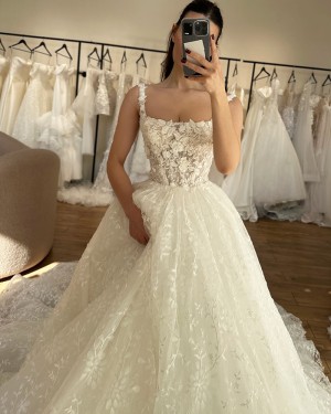 Ivory Lace A-line Square Neck Bridal Dress NWD2693