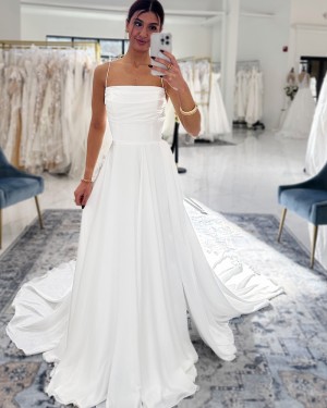 Spaghetti Straps Satin White Simple Bridal Dress with Side Slit WD2693