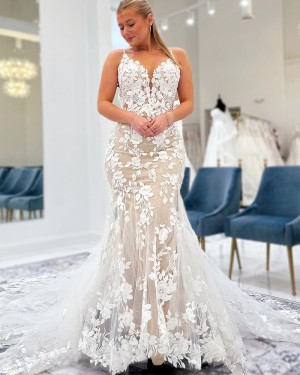 Ivory Spaghetti Straps Lace Mermaid Bridal Dress WD2694