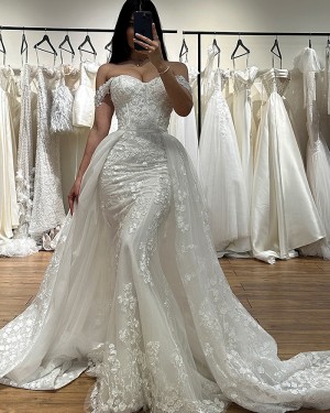 Lace White Mermaid Off the Shoulder Bridal Dress with Detachable Train NWD2694