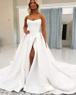 Strapless Ivory Satin Empire Simple Bridal Dress with Side Slit WD2695