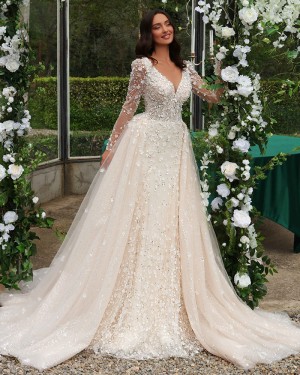 Lace Champagne Long Sleeve V-neck Bridal Dress with Detachable Train NWD2696