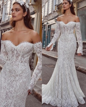 Ivory Off the Shoulder Lace Mermaid Bridal Dress with Long Sleeves NWD2700