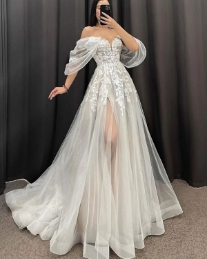 Ivory Tulle Applique Off the Shoulder Bridal Dress with Side Slit NWD2703
