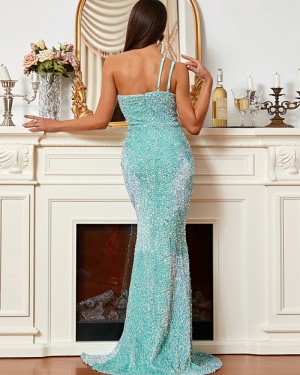 Cyan Sequin One Shoulder Ruched Mermaid Evening Dress with Side Slit XH1934