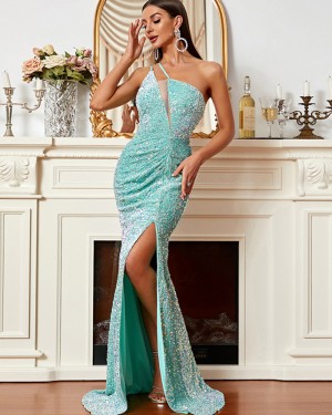 Cyan Sequin One Shoulder Ruched Mermaid Evening Dress with Side Slit XH1934