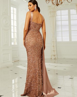 Sequin Square Neckline Gold Evening Dress XH2162