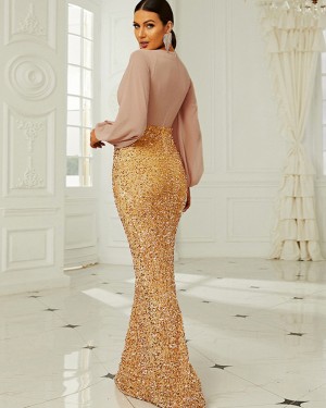 Sequin V-neck Mermaid Evening Dress with Long Sleeves XH2240