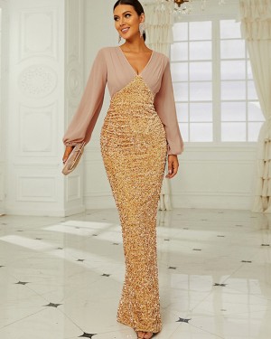 Sequin V-neck Mermaid Evening Dress with Long Sleeves XH2240