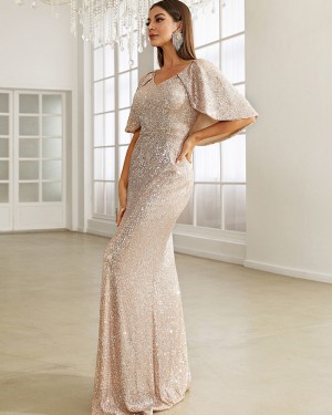 Rose Gold V-neck Sequin Mermaid Evening Dress with Cape Sleeves XH2266