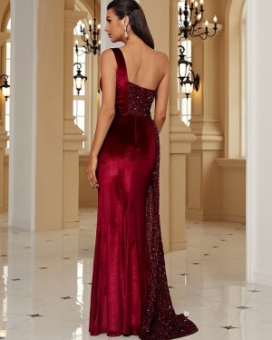Burgundy One Shoulder Sequin Evening Dress with Side Slit XH2356