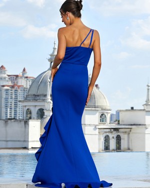 Ruched Blue One Shoulder Evening Dress with Side Slit XJ1756