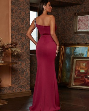 Burgundy One Shoulder Mermaid Evening Dress with Tassels XJ2086