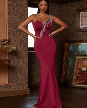 Burgundy One Shoulder Mermaid Evening Dress with Tassels XJ2086