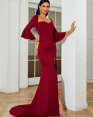 Burgundy Square Neckline Slit Mermaid Evening Dress with Half Length Sleeves XJ2724