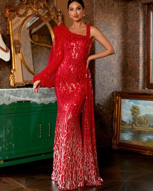 Sequin One Shoulder Red Evening Dress with Long Sleeves XJ2857