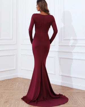 Burgundy Cutout V-neck Mermaid Evening Dress with Long Sleeves XJ790