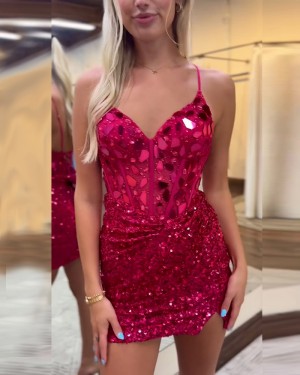 Sequin & Mirror Glass Beading Spaghetti Straps Tight Homecoming Dress HD3805