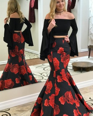 Two Piece Satin Black Floral Print Mermaid Prom Dress with Bell Sleeves pd1501