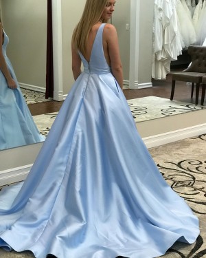 Simple V-neck Sky Blue Satin Long Formal Dress with Pockets pd1503