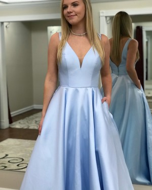 Simple V-neck Sky Blue Satin Long Formal Dress with Pockets pd1503