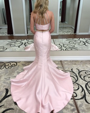 High Neck Pink Beading Two Piece Satin Mermaid Prom Dress pd1504