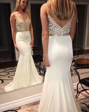 Spaghetti Straps Sequin Pattern Bodice White Mermaid Prom Dress pd1505