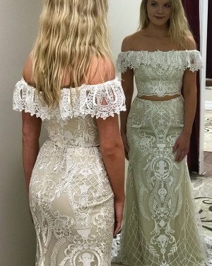 Ivory Lace Off the Shoulder Two Piece Prom Dress pd1507